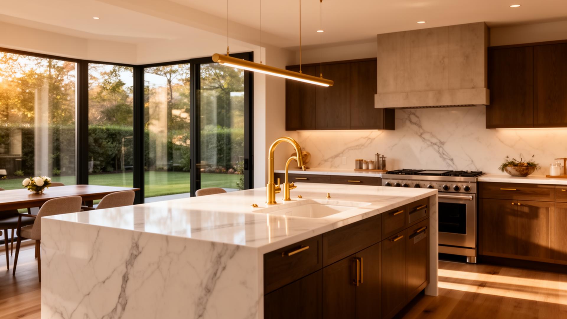 Luxury kitchen remodel with marble waterfall island